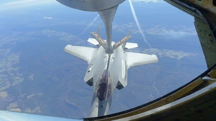 Polish Air Force F-35A Husarz refueling from a KC-135 tanker boom over Arkansas