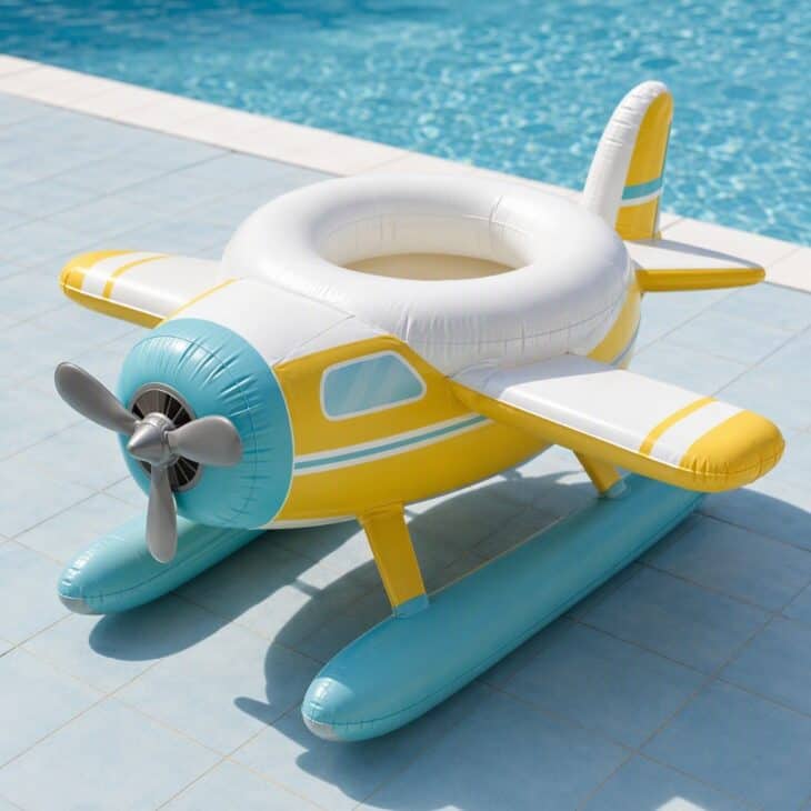 A swim ring body and two foam floats make a floatplane for a pool party.
