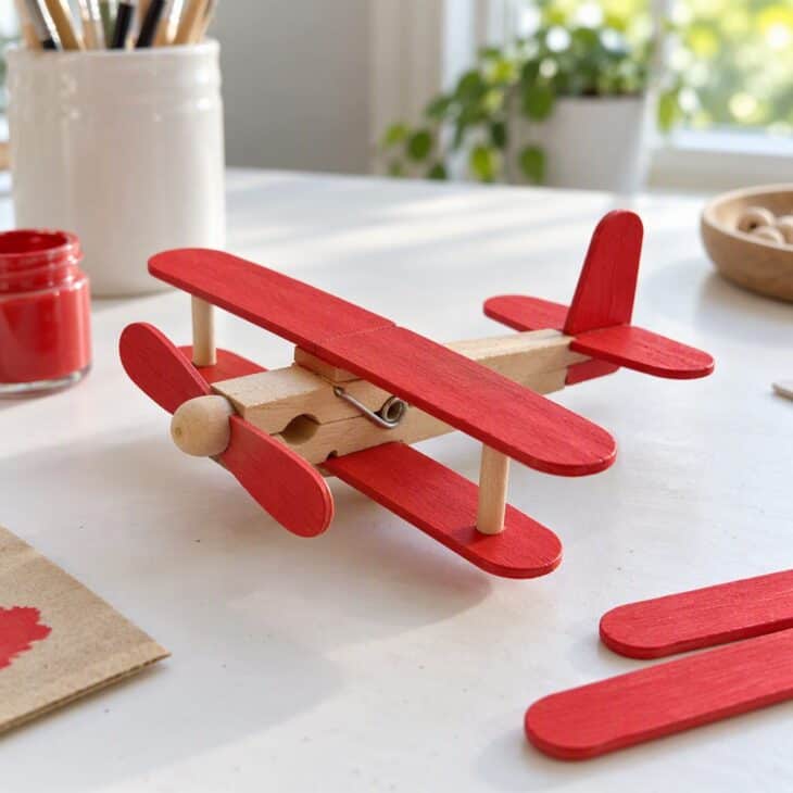 A small airplane built from glued wooden craft sticks painted bright red with a clothespin fuselage on a white craft table