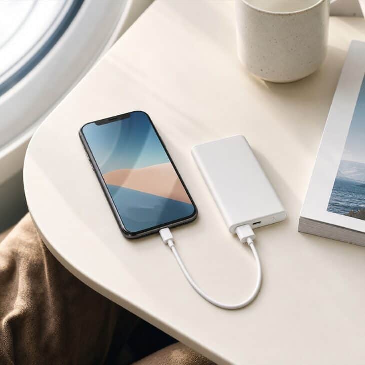 Slim white power bank connected to a phone with a short cable