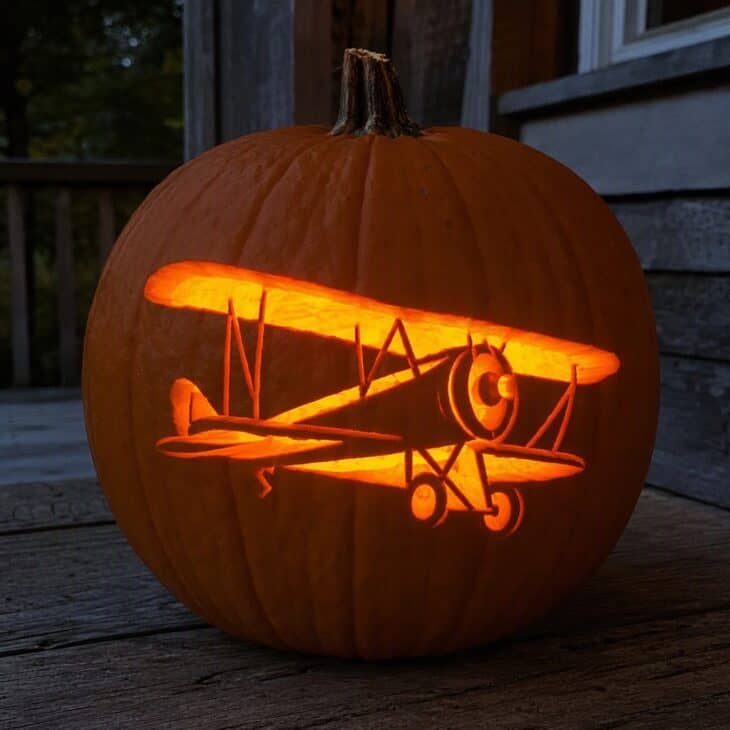 A round pumpkin carved with a glowing vintage biplane silhouette with two wings and struts.