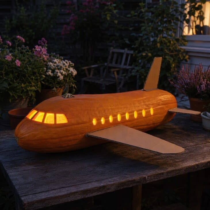 A long orange pumpkin on its side made to look like an airplane fuselage with cardboard wings and tail fin and a carved cockpit window.