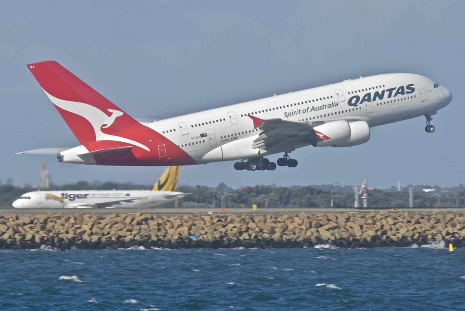 Qantas Airbus A380 VH-OQJ taking off at Sydney