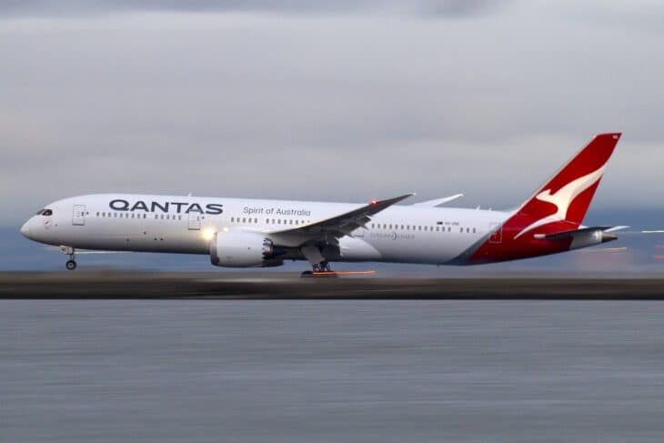 Qantas Boeing 787-9 Dreamliner touching down in the airline's standard livery