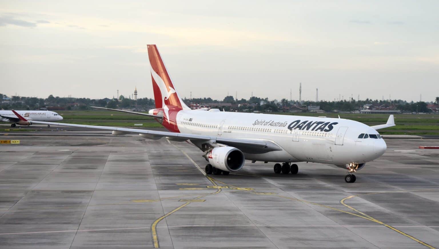 Qantas Airbus A330 VH-EBA taxiing at Jakarta's Soekarno-Hatta airport in 2025