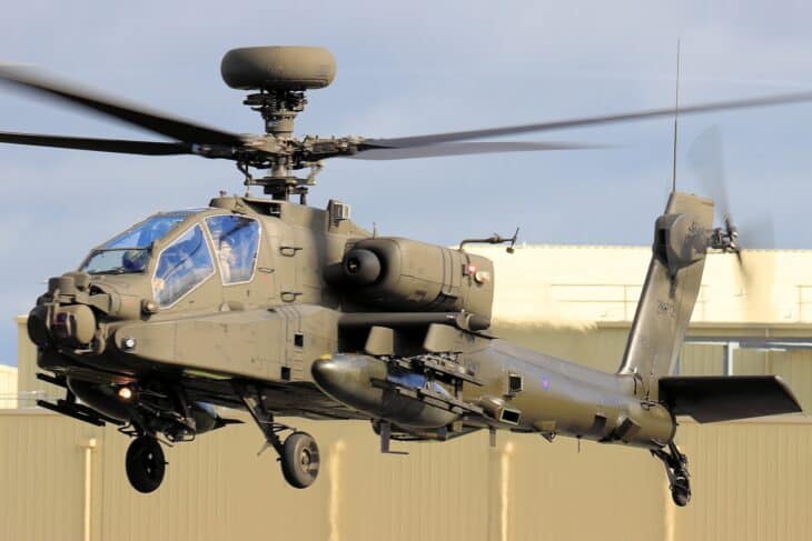 British Army AH-64E Apache Guardian in a low hover