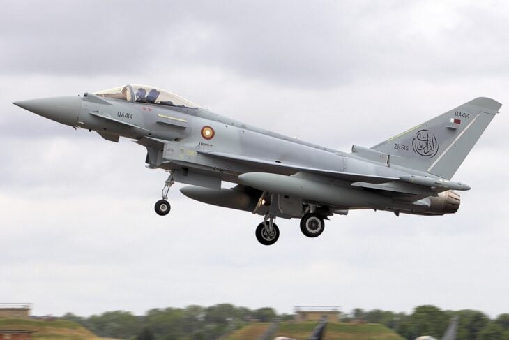 Qatar Emiri Air Force Eurofighter Typhoon on approach with gear down