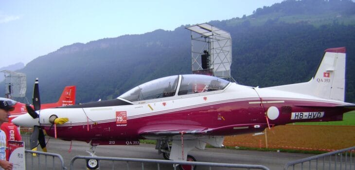 Qatari Pilatus PC-21 turboprop trainer on display at an airshow