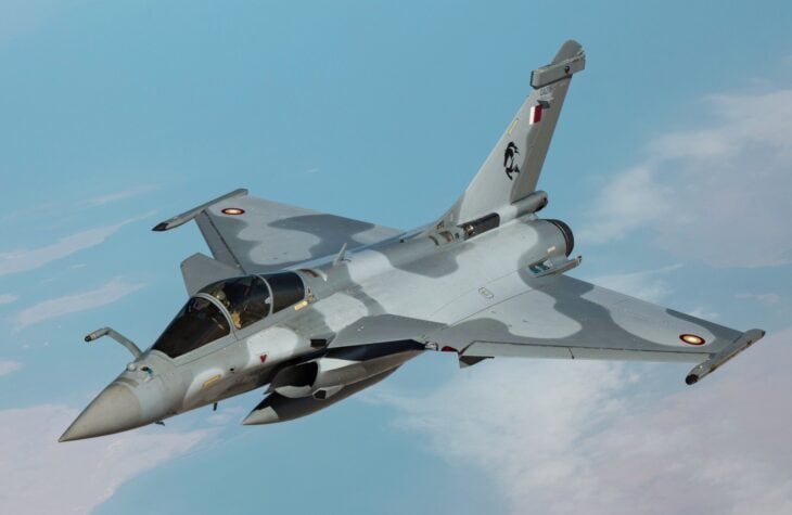 Qatar Emiri Air Force Dassault Rafale in flight over a bright blue sky