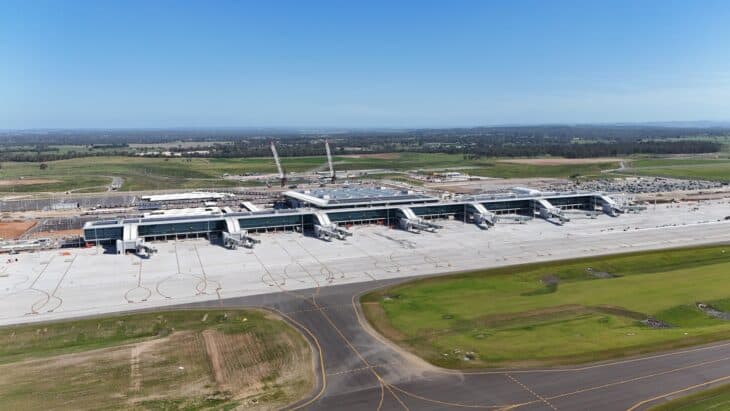Western Sydney International Airport terminal seen from the airfield in 2025