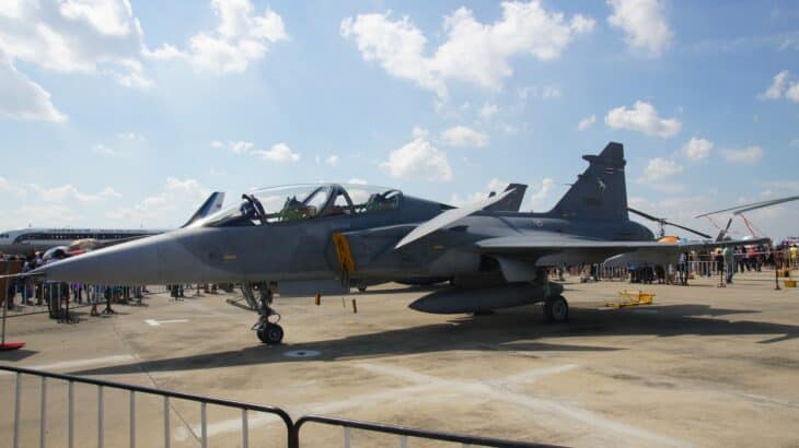 Royal Thai Air Force two-seat JAS 39D Gripen parked on the ramp at an air show