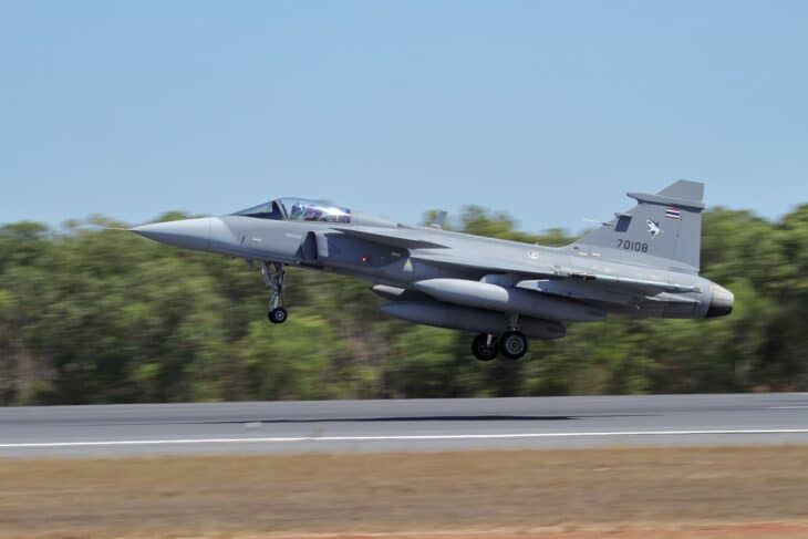 Royal Thai Air Force Saab JAS 39C Gripen 70108 lifting off a runway with gear still down