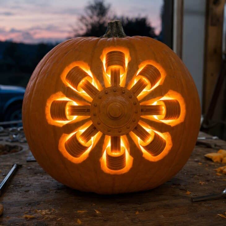 A round pumpkin carved with a ring of nine glowing cylinders around a center hub like a vintage radial engine.