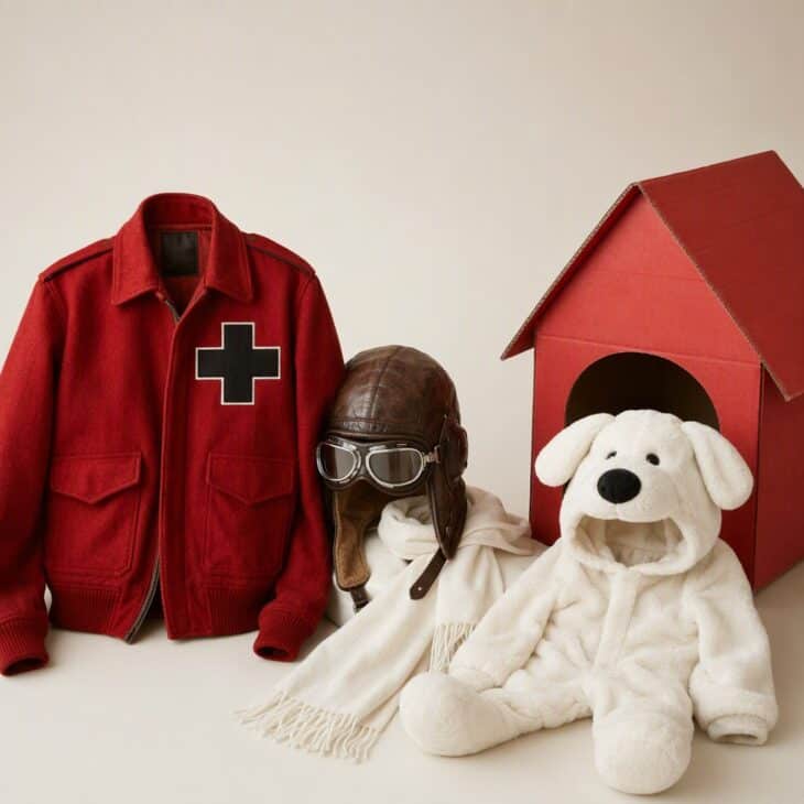 A red flight jacket and goggles beside a white dog costume and a red cardboard doghouse.