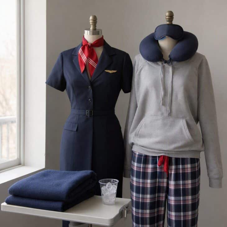 A flight attendant in a red scarf beside a passenger in pajamas with a neck pillow and sleep mask.