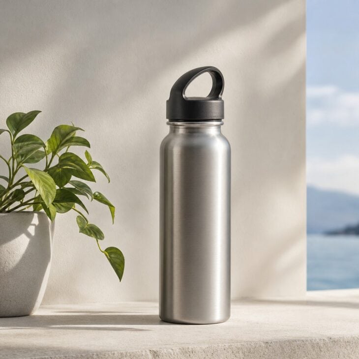 Brushed steel refillable water bottle with a black lid
