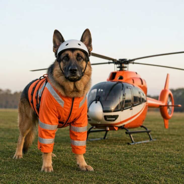 A German shepherd in a bright orange rescue flight suit with silver reflective stripes and a small white helmet.
