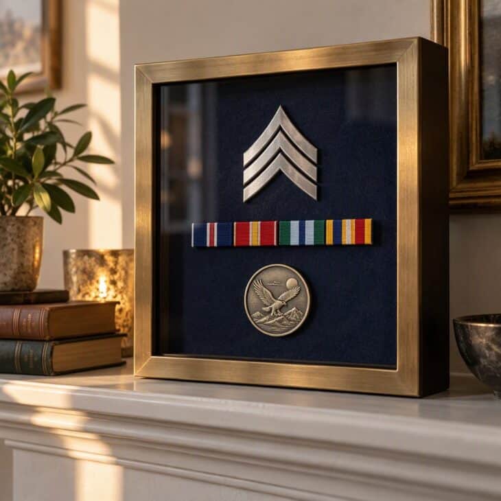 A retirement shadow box gathers rank, ribbons and a coin into one frame.