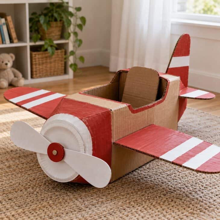 A big brown cardboard box converted into a child-sized propeller airplane with a paper plate propeller