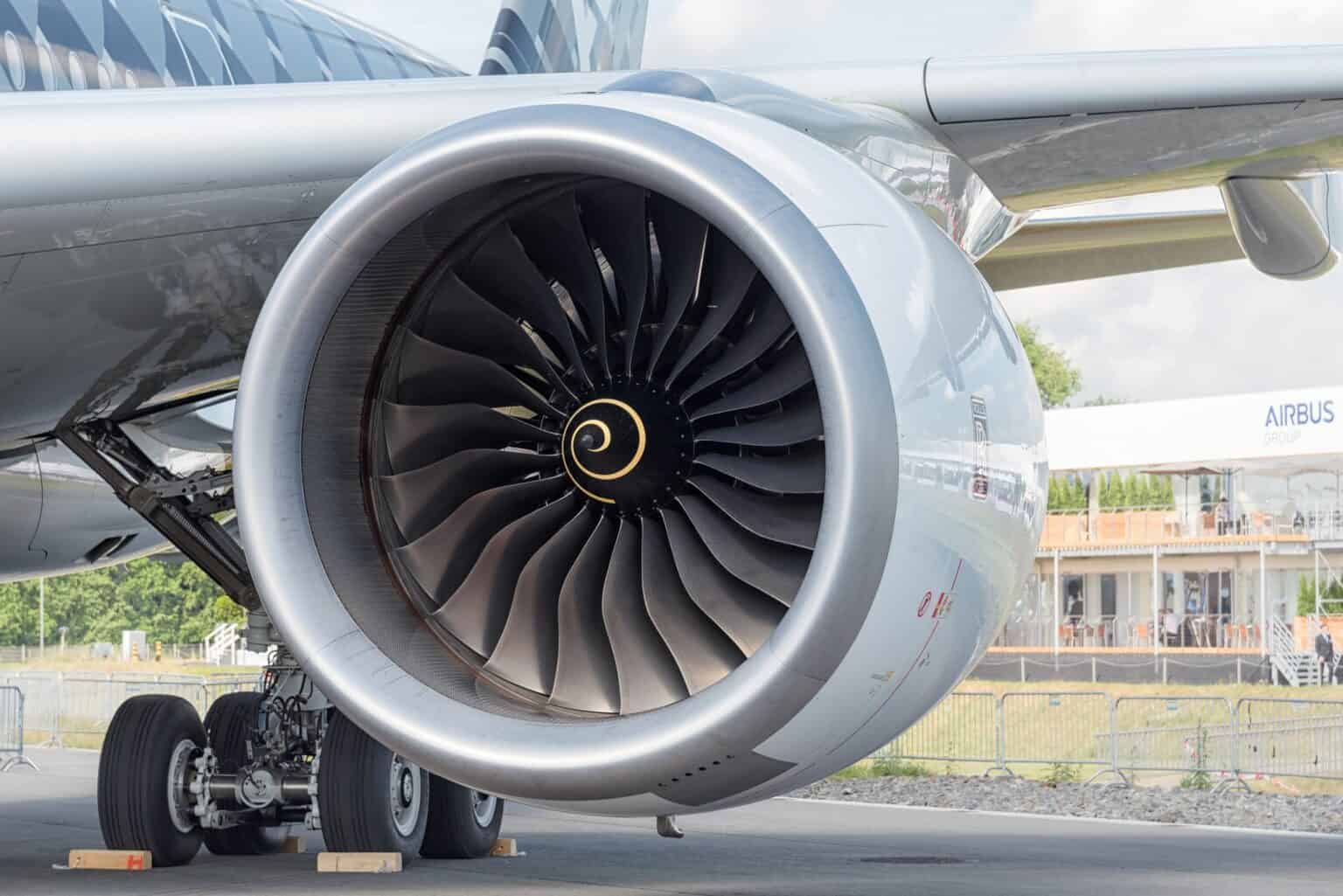 Close-up of a Rolls-Royce Trent XWB turbofan on an Airbus A350-900 at an air show