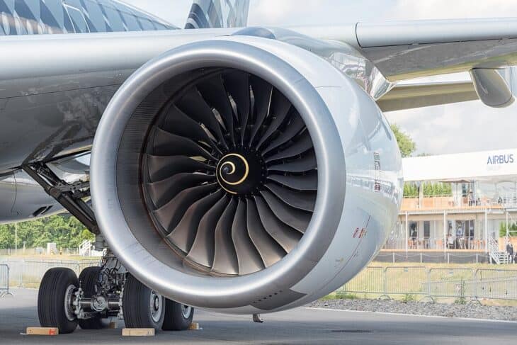 Close-up of a Rolls-Royce Trent XWB engine under the wing of Airbus A350-941 test aircraft F-WWCF
