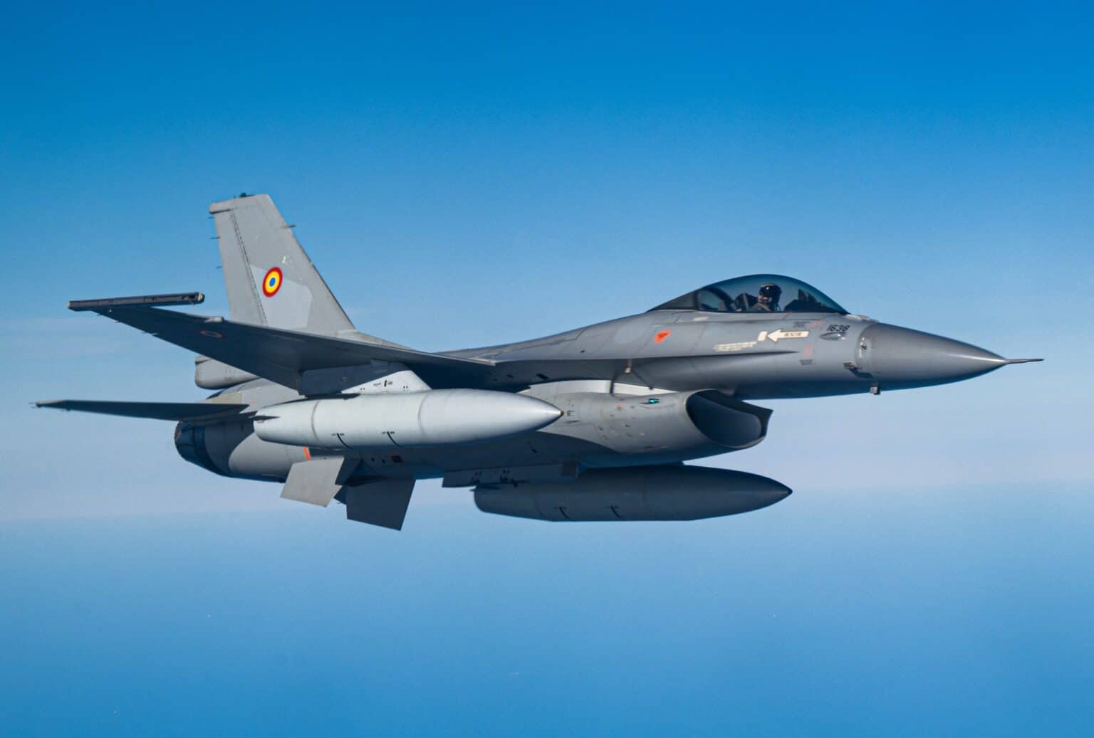 Romanian Air Force F-16 of the 48th Fighter Squadron in flight over the North Sea