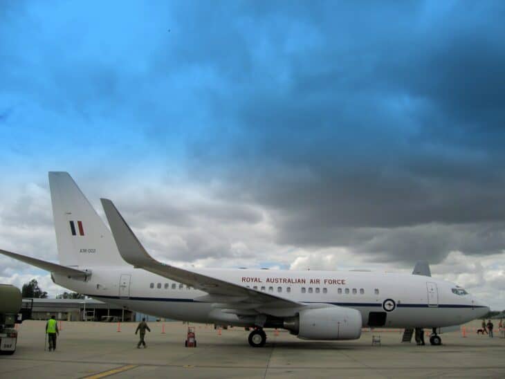 RAAF Boeing Business Jet with Royal Australian Air Force titles and a blue cheatline