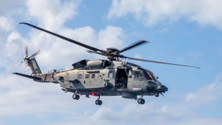 Canadian CH-148 Cyclone helicopter departing a ship flight deck