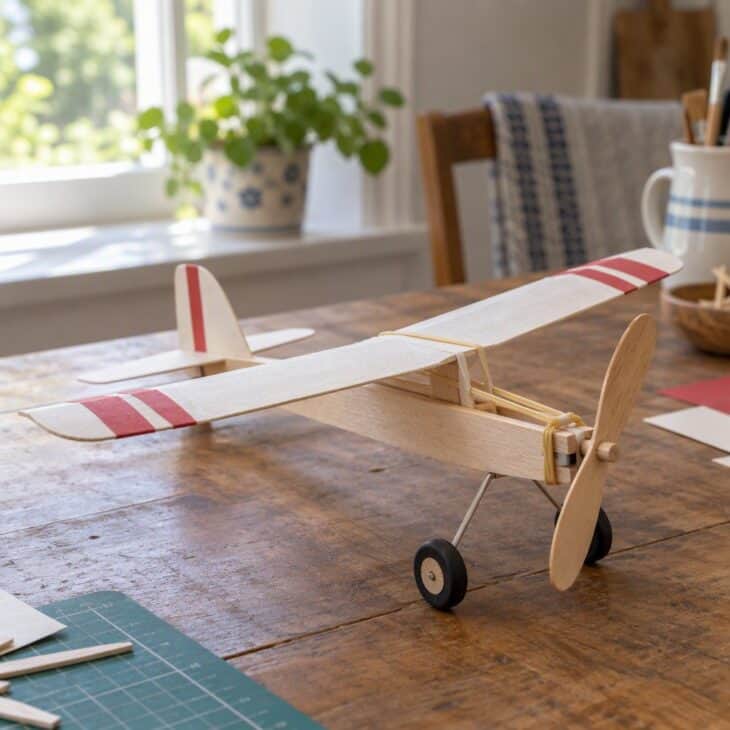 A simple balsa and cardstock plane with a rubber band and a small wooden propeller
