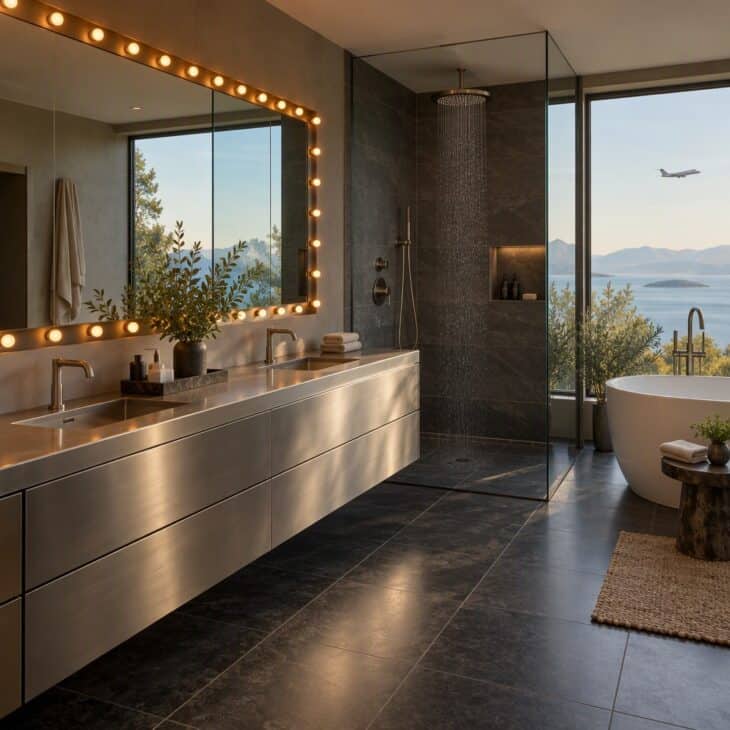 Light fixtures borrowed from the airfield add drama to a bathroom.