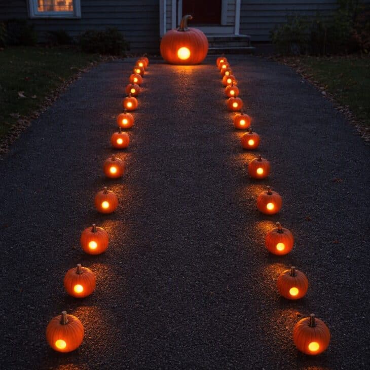 Two rows of small orange pumpkins with single glowing holes lined up like runway lights, leading to a larger pumpkin.