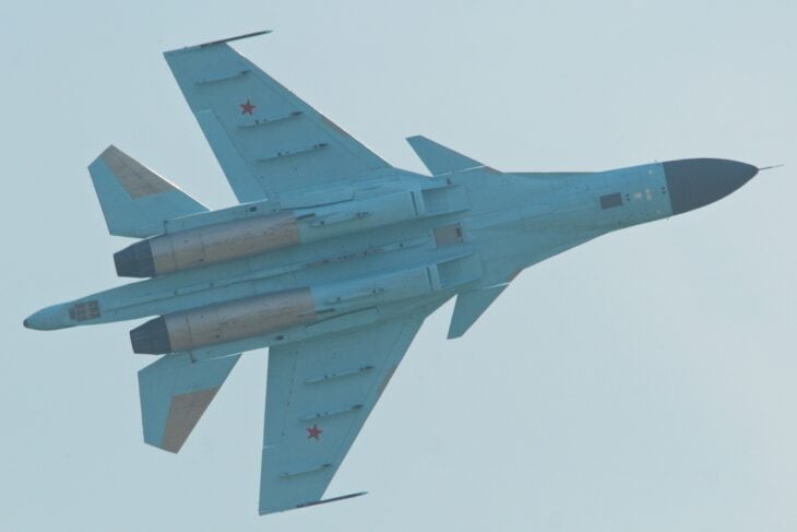 Su-34 Fullback banking in blue-grey Russian Air Force camouflage