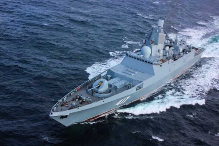 Admiral Gorshkov frigate, hull 417, seen from above at speed