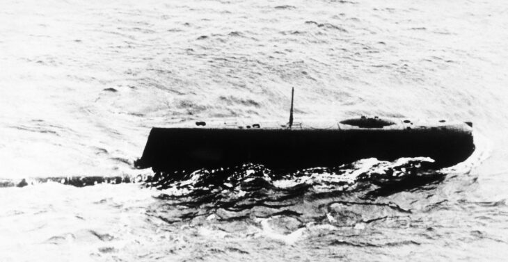 Soviet Oscar-class cruise missile submarine on the surface, starboard beam view