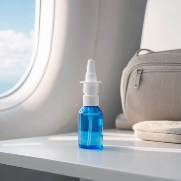 Small saline nasal spray bottle on a white shelf