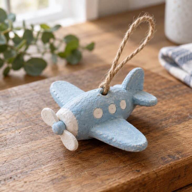 A small baked salt dough airplane ornament painted pale blue with a twine loop on a wooden board