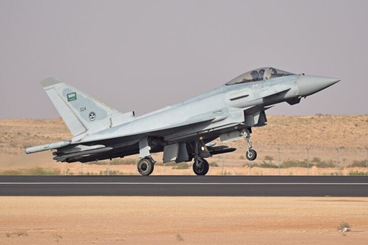 Royal Saudi Air Force Eurofighter Typhoon 324 lifting off from a desert runway