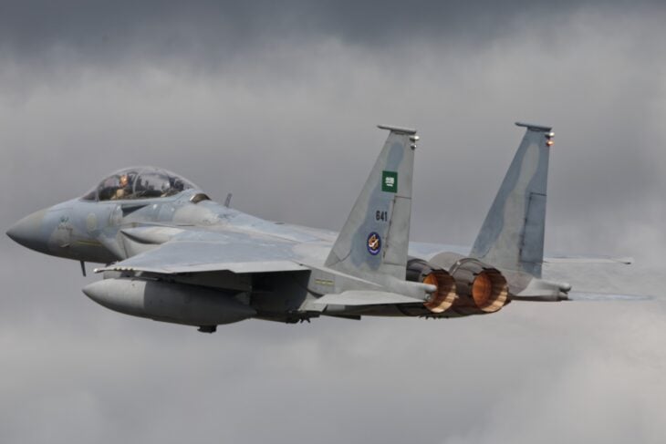 Royal Saudi Air Force F-15SA Eagle in flight with its afterburners lit