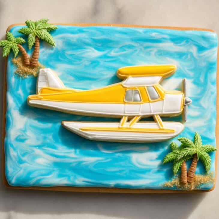 Floats and a swirl of turquoise water give this set a beach feel.