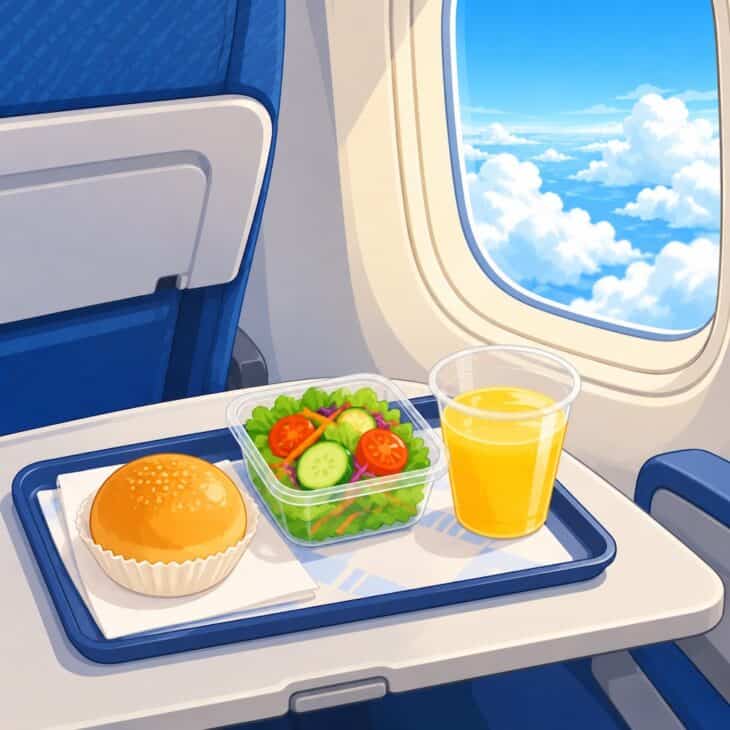 Tray table dining, five stars at 30,000 feet.