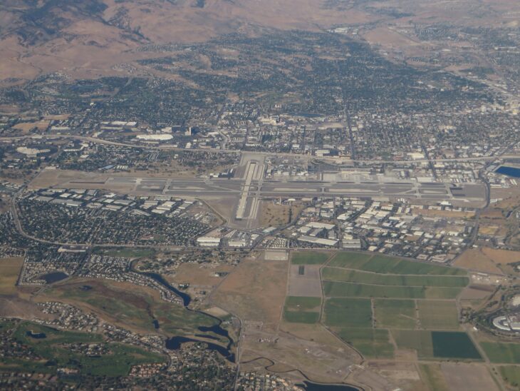 Aerial view of Reno-Tahoe International Airport and the surrounding city of Reno, Nevada