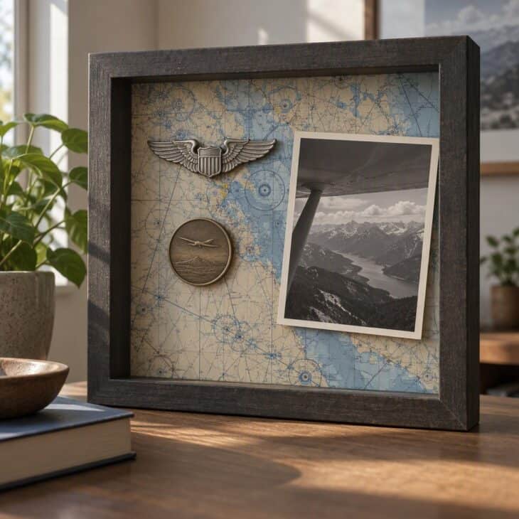 A chart backdrop adds place and story behind the items.