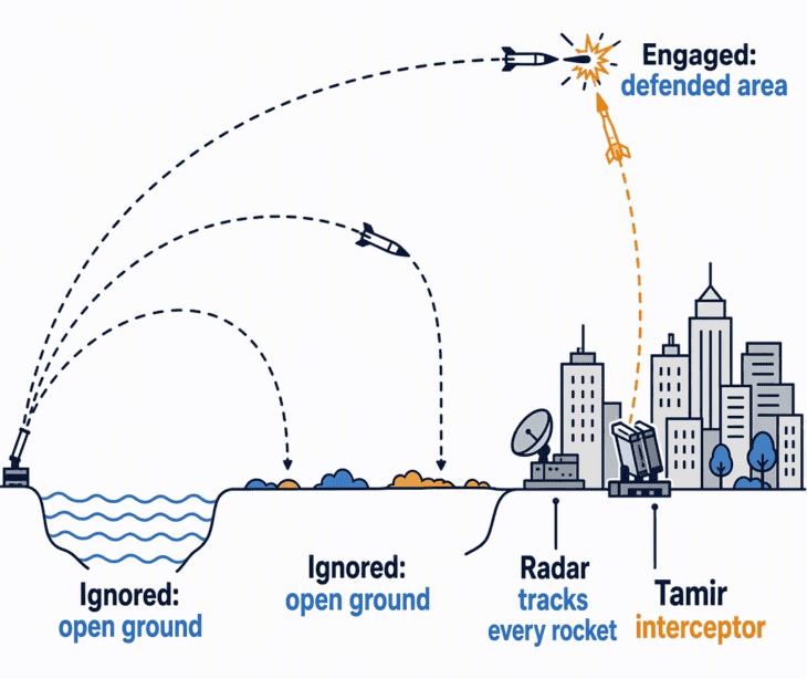 Iron Dome tracks every rocket but only fires at the ones predicted to land in a defended area.
