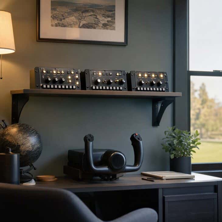 A shelf above the monitor holds switch panels within easy reach.