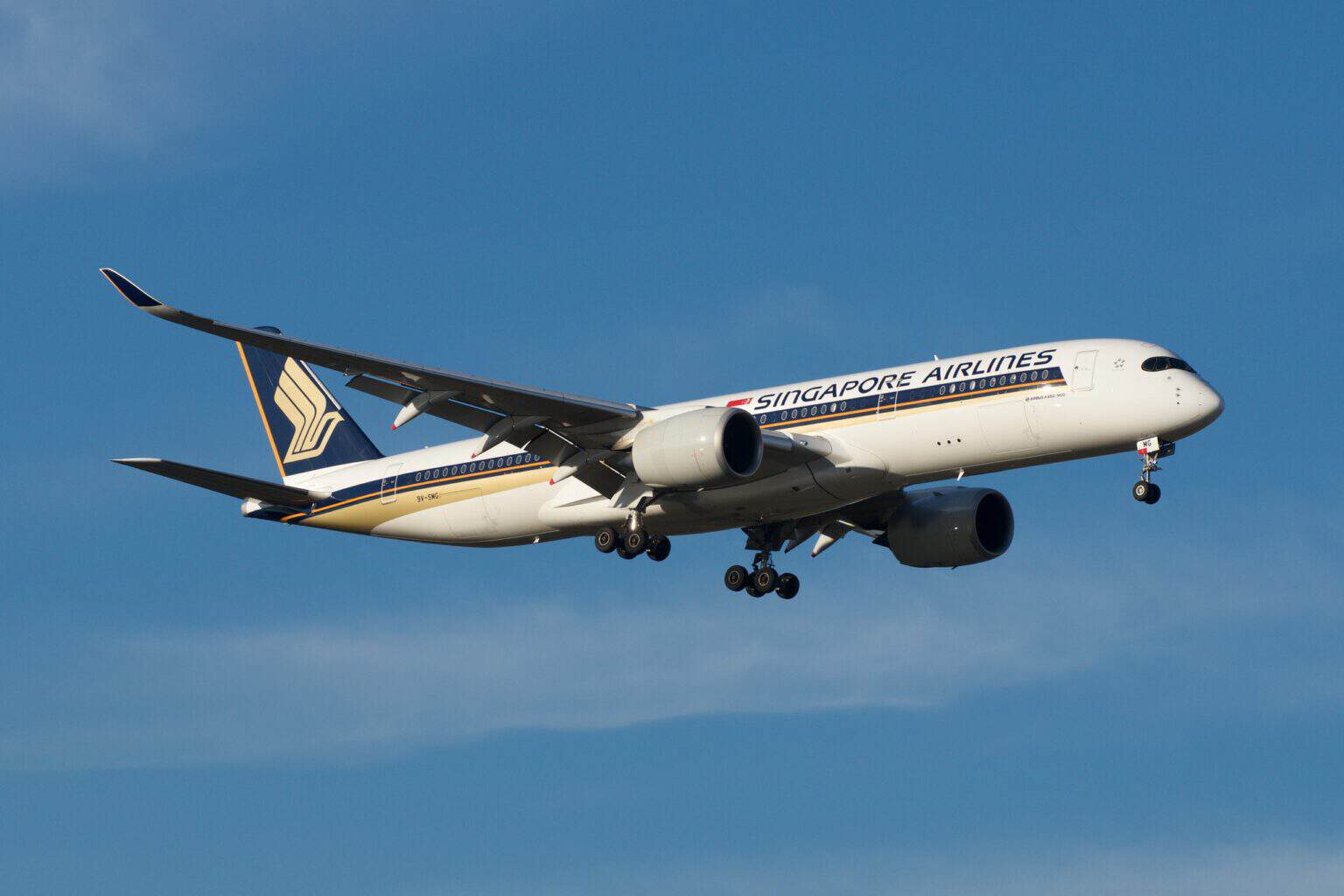 Singapore Airlines Airbus A350-900 9V-SMG on final approach to Melbourne Airport with landing gear down