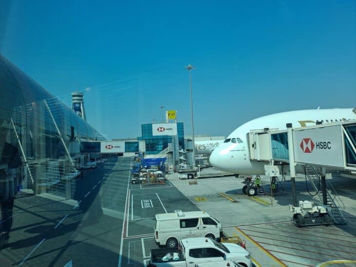 Emirates Airbus A380 at a jet bridge at Dubai International Airport Terminal 3