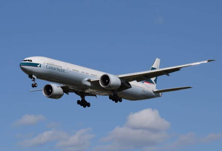 Cathay Pacific Boeing 777-300ER B-KQS on approach to London with gear down