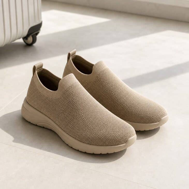 Beige slip-on sneakers placed side by side