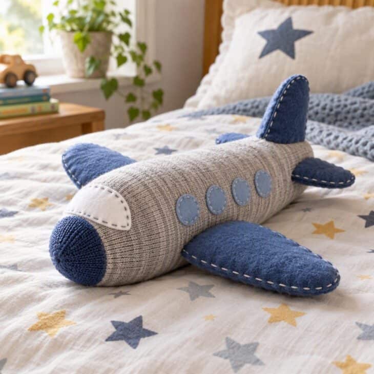 A soft airplane pillow made from a rolled sock with felt wings stuffed and sewn