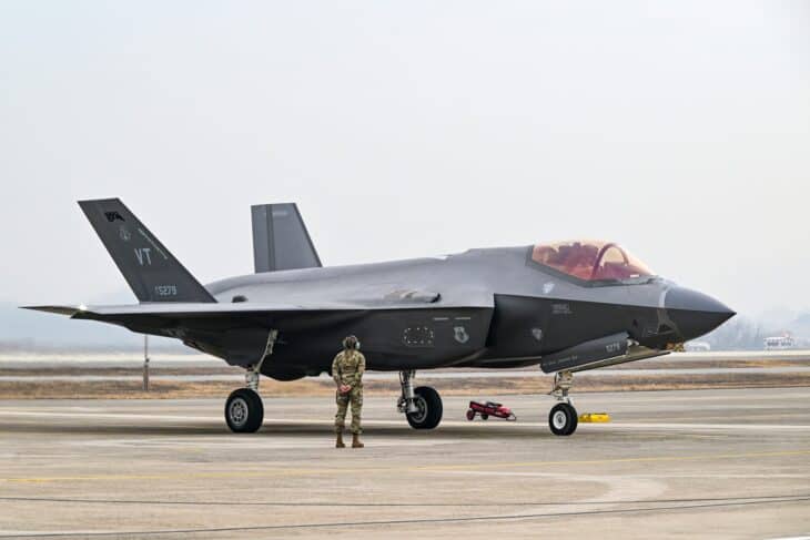 US Air Force F-35A Lightning II parked on the ramp at a South Korean air base